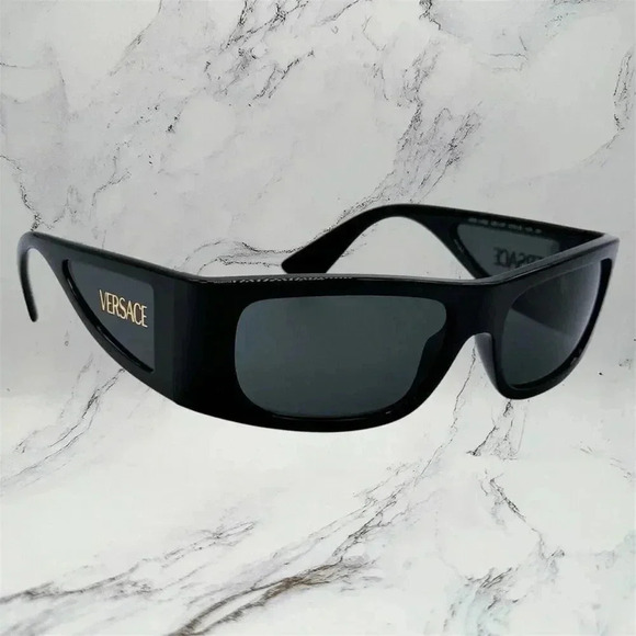 VERSACE Sunglasses New Black Square Wrap Shield Mask Acetate Gold Letter Logo - Picture 1 of 12